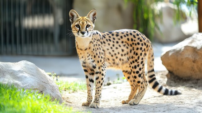 Alert Serval Cat Standing Outdoors Looking Forward