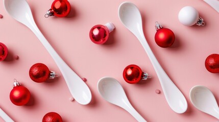 White Spoons and Red Christmas Ornaments on Soft Pink Background for Festive Holiday Decor and Culinary Inspiration