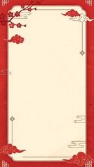 Elegant oriental design with blossoms and clouds on a red and beige background