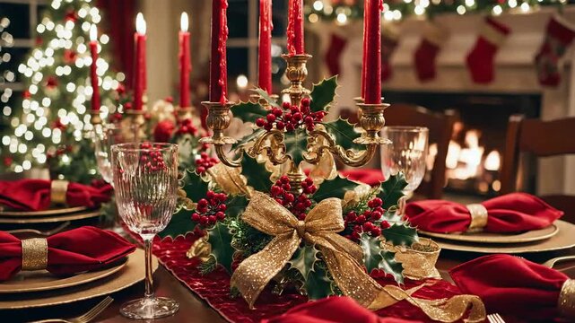 Celebrate The Holidays Elegant Christmas Table Setting With Decorations And Festive Atmosphere