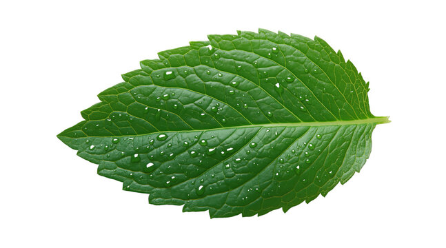 Single green mint leaf with water droplets and serrated edges isolated on a transparent background herb