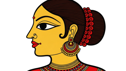 Profile portrait of a traditional indian woman in madhubani art style isolated on transparent background