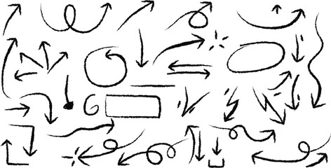 A versatile set of hand-drawn arrows and design elements in a sketch art style for creative projects. Vector