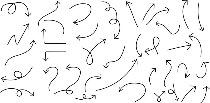 Diverse collection of hand-drawn doodle arrows pointing in various directions for design Vector