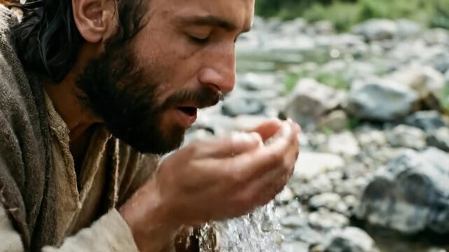 A focused close-up shot captures a man with a beard and dark hair, clad in rustic, natural-fiber garments, as he cups his hands to drink refreshing water directly from a pristine, flowing stream. The 