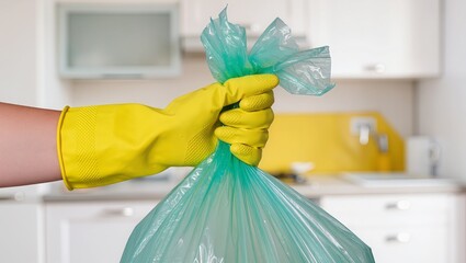 Close-up of hand in yellow rubber glove holding tied green trash bag in modern kitchen, illustrating kitchen cleaning and waste disposal