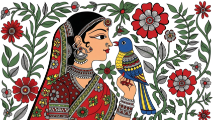 Traditional madhubani painting of a beautiful woman holding a colorful bird isolated on transparent background
