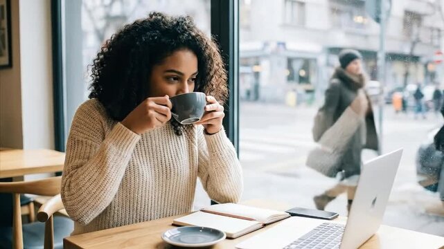 A focused individual with attractive curly hair sits comfortably at a wooden table in a brightly lit cafe or modern workspace. They are seen taking a sip from a dark ceramic mug, enjoying a warm bever