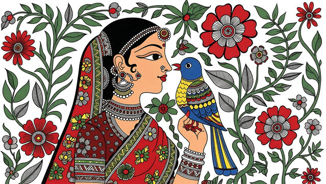 Traditional madhubani painting of a beautiful woman holding a colorful bird isolated on transparent background