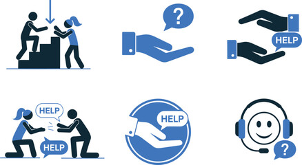 Support and assistance icons showing helping hands, guidance, teamwork, customer service, communication symbols for aid, problem solving and professional help