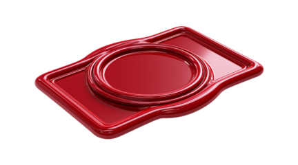 Shiny red rectangular wax seal with concentric circles on a white surface isolated on a transparent background