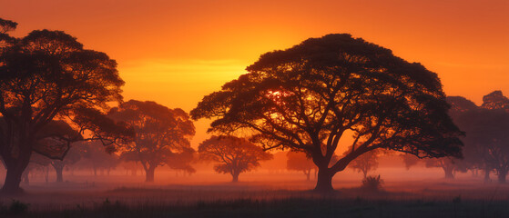 Golden Sunset Silhouette Majestic trees silhouetted against a vibrant, fiery sunset. Witness the grandeur of nature's spectacle with these captivating captures.