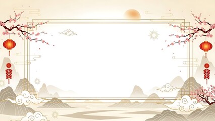Elegant oriental themed illustration with blossoms and lanterns on a landscape