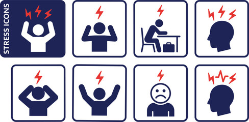 Stress management icons set, anxiety pressure mental health concept, work burnout emotions symbols, flat vector illustration design, modern minimal infographic