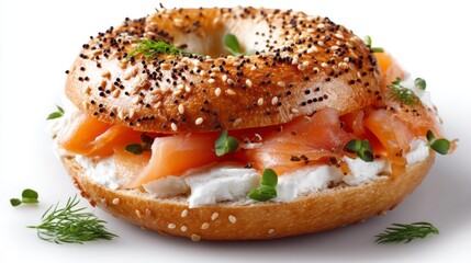 A beautifully crafted bagel features layers of rich cream cheese and savory smoked salmon, garnished with fresh herbs, inviting a delightful brunch experience