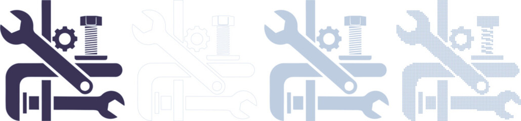 Dark blue and light blue mechanical tools and gears with dot pattern wrench spanner