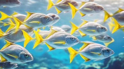 School of Yellowtail Fish Swimming in Ocean Depths