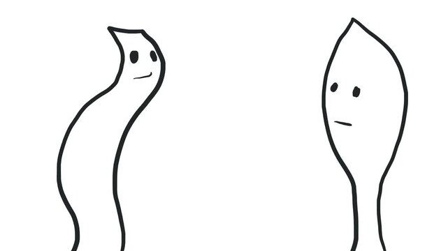 Underwater creatures or characters or cartoon seaweed are talking about something.