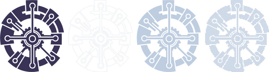 Obraz premium Four abstract circular mechanical in dark blue light blue and pixelated light blue gear wheel