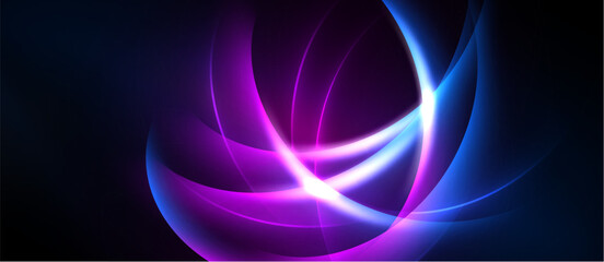 Naklejka premium Abstract swirls, vibrant blues, purples create luminous energy. Dynamic composition evokes movement, depth, modern aesthetic.