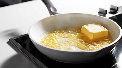 Cooking Butter Melting in a White Pan on Electric Stove for Breakfast Preparation