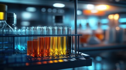 Test Tubes Filled With Colored Liquids in Laboratory Rack