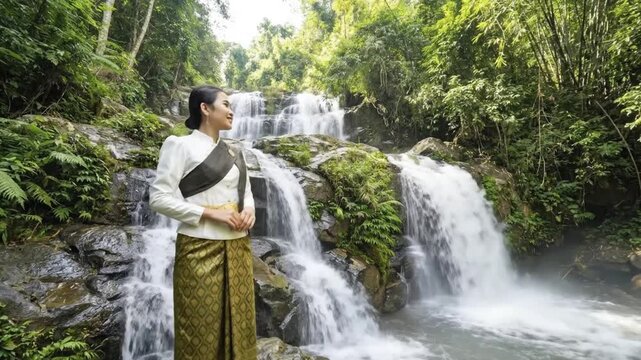 A graceful woman, elegantly adorned in traditional, intricately patterned attire featuring a golden-hued skirt and a pristine white blouse with a draped sash, stands contemplatively by a stunning mult