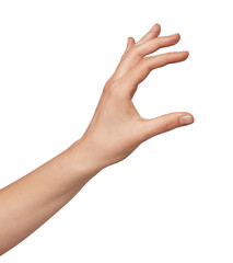 Human hand showing a gesture indicating a small size or holding a tiny object, communicating concepts of quantity, measurement, and precision with an empty space for content