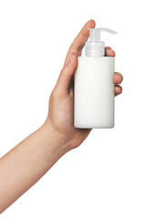 Hand holding a plain white pump bottle on a clean studio background, ideal mockup for cosmetics, skincare, sanitizer or lotion with ample copy space for branding and labels