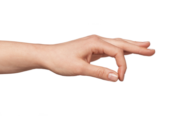 Human hand showing a precise clicking gesture with thumb and index finger, indicating interaction, selection, or measuring a small quantity against a clean background