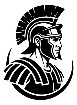 A black and white vector illustration depicts the bust of a male figure resembling a Spartan or Roman soldier