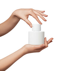 Person holding and opening a generic white flip-top bottle containing skincare product, cream, or lotion against a clean white background, showcasing product use