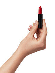 Woman's hand presenting an open red lipstick against a clean white background, highlighting concepts of beauty, glamour, makeup, and cosmetic products