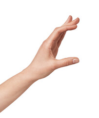 Female hand with fingers and thumb open, forming a delicate space to hold or display a small item, isolated on a neutral light gray studio background
