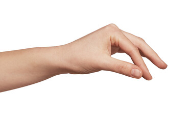 Human hand showing a pinching motion, with thumb and index finger close together, indicating the act of holding a small object, adding a pinch of seasoning, or emphasizing a small quantity