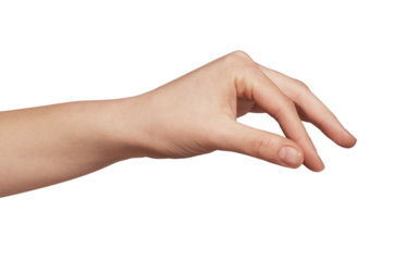 Human hand showing a pinching motion, with thumb and index finger close together, indicating the act of holding a small object, adding a pinch of seasoning, or emphasizing a small quantity