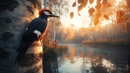 Woodpecker Perched on Tree Trunk in Autumn Forest