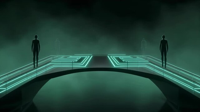 Two silhouetted figures stand on a futuristic bridge with glowing green pathways in a misty environment from a low-angle viewpoint
