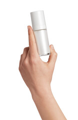 Human hand presenting a generic white cosmetic bottle, displaying clean packaging for beauty, skincare, personal care, and wellness product concepts on a minimal background