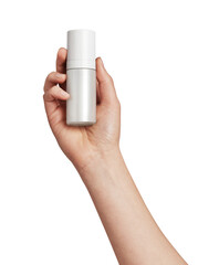 Human hand holding a blank white pump bottle against a clean background, ideal for skincare, beauty and personal care branding with generous copy space for mockups and packaging design