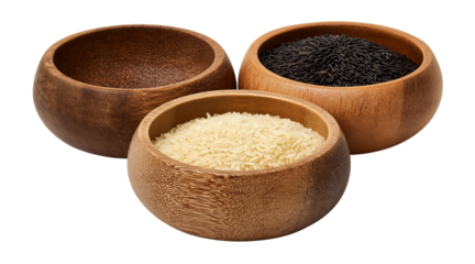 Three wooden bowls one empty one with white rice and one with black rice isolated on a transparent background