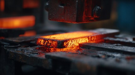 Glowing hot metal bar being shaped under industrial machinery forging shaping