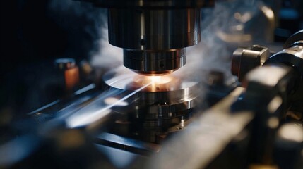 Close up view of advanced industrial machinery with glowing components and steam