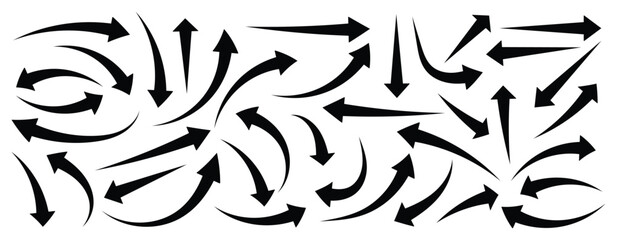 Fototapeta premium Hand drawn arrow. Collection of hand drawn doodle thick arrows in different directions. Black arrow set. 