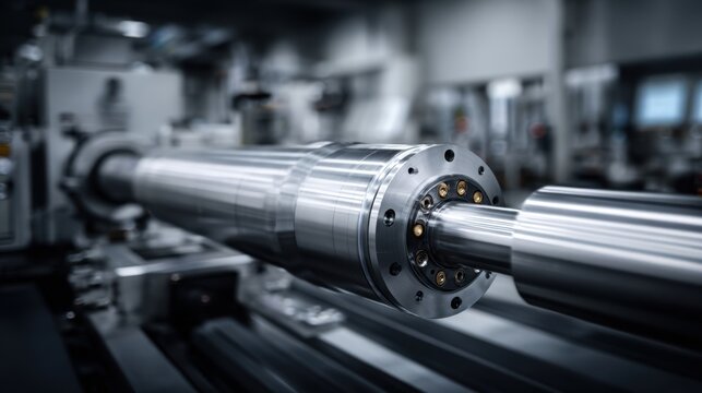 Precision engineered heavy metal industrial shaft on a machine in a manufacturing facility