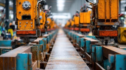 Fototapeta premium Industrial machinery in a factory line producing metal components under bright lights