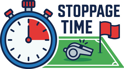 Stoppage time concept illustration featuring a stopwatch, referee whistle, and red corner flag on a green soccer field background. © Muntaha Studio