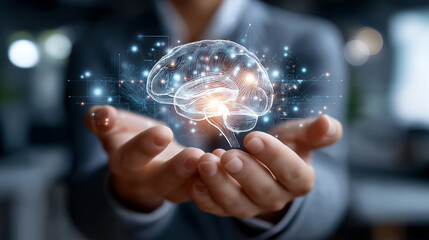 AI analysis visualization with brain imagery, artificial intelligence automation, big data processing, cloud computing concept, creative digital transformation, cyber communication