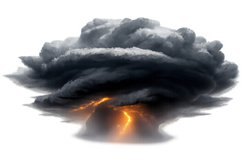 Nuclear mushroom cloud forming with lightning inside, symbolizing disaster, power, and destruction on transparent background
