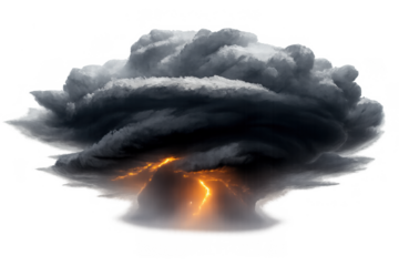 Nuclear mushroom cloud forming with lightning inside, symbolizing disaster, power, and destruction on transparent background